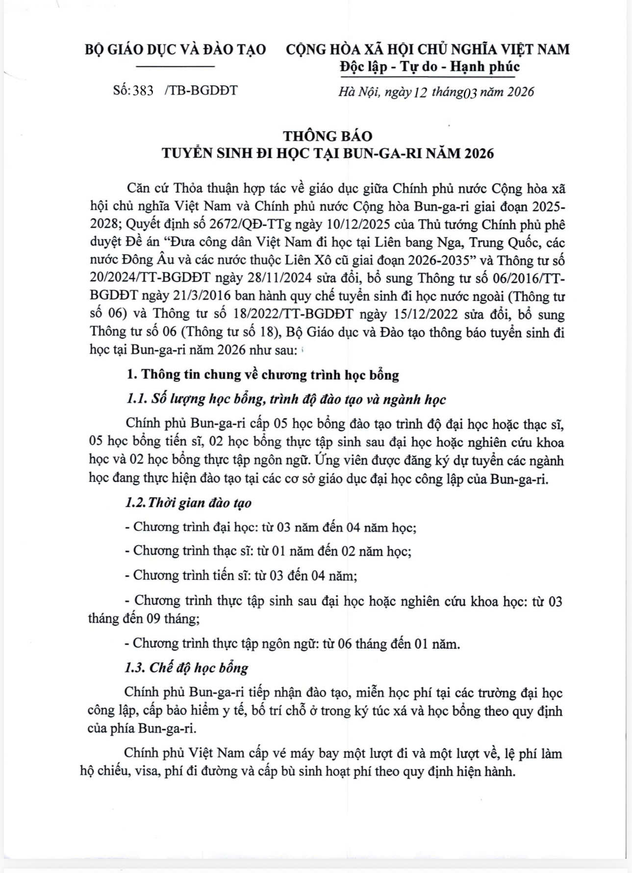 Thông báo tuyển sinh đi học tại BUN- GA- RI năm 2026