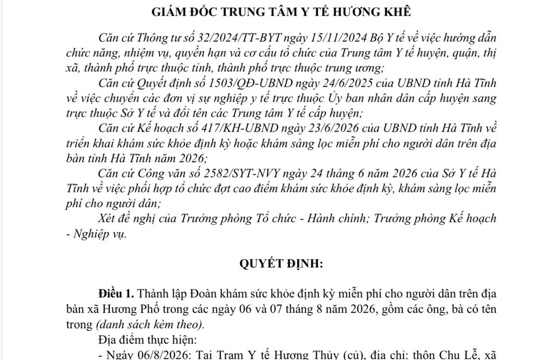QUYẾT ĐỊNH  Về việc thành lập Đoàn khám sức khỏe định kỳ miễn phí   cho người dân trên địa bàn xã Hương Phố 