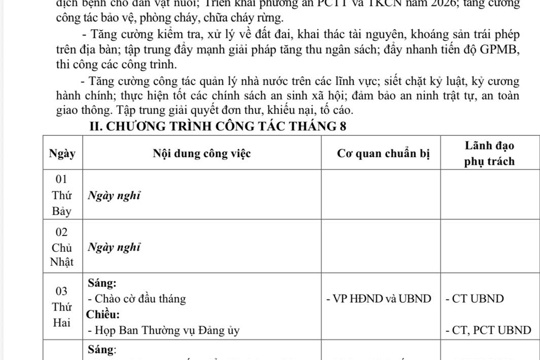 CHƯƠNG TRÌNH CÔNG TÁC THÁNG 8 NĂM 2026 