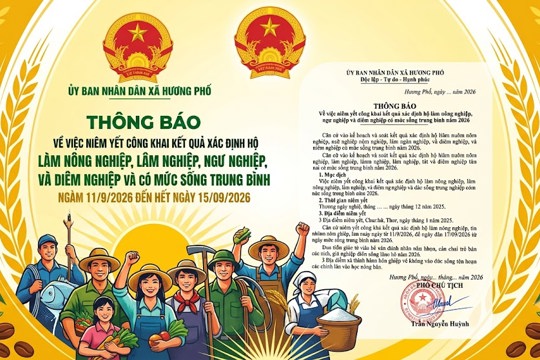 Thông báo về việc niêm yết công khai kết quả xác định hộ làm nông nghiệp, lâm  nghiệp, ngư nghiệp và diêm nghiệp có mức sống trung bình năm 2026