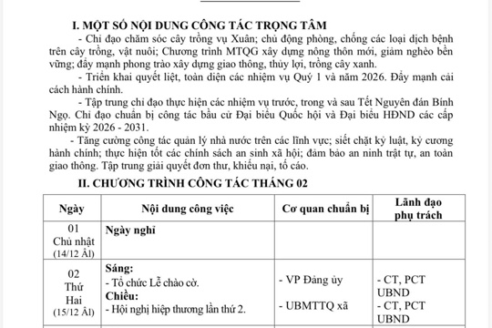Chương trình công tác tháng 02 năm 2026
