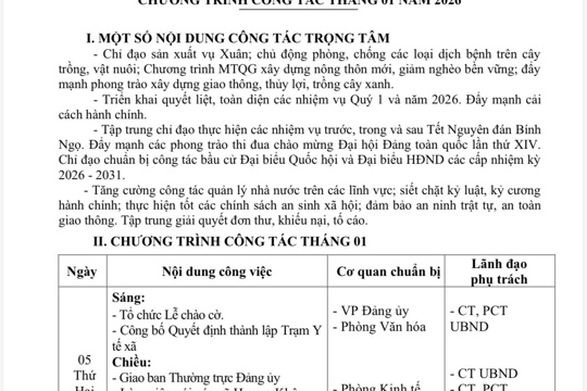 Chương trình công tác tháng 1 năm 2026