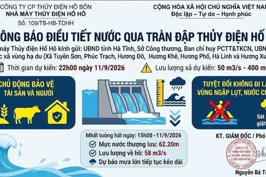 Thông báo điều tiết nước qua tràn đập Thuỷ điện Hố Hô