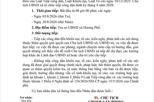 THÔNG BÁO  Lịch tiếp công dân định kỳ tháng 8 năm 2026