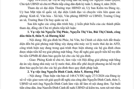 THÔNG BÁO  Kết quả tiếp công dân định kỳ  (Tuần 3, tháng 4, năm 2026)