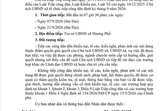 THÔNG BÁO Lịch tiếp công dân định kỳ tháng 9 năm 2026