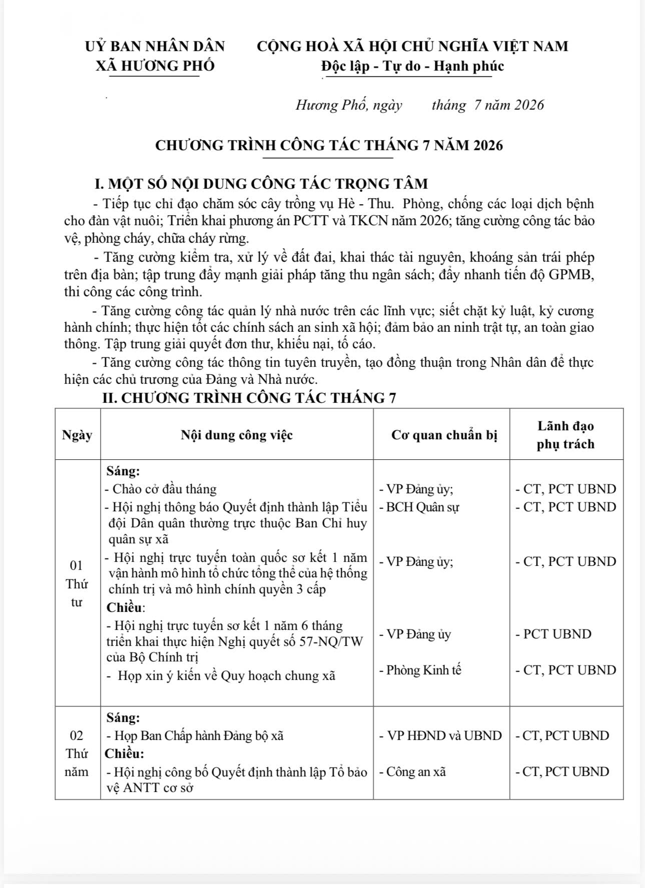 CHƯƠNG TRÌNH CÔNG TÁC THÁNG 7 NĂM 2026