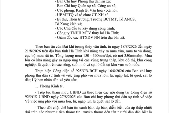 V/v tập trung chủ động ứng  phó với mưa lớn, lũ, ngập lụt,  lũ quét, sạt lở đất 