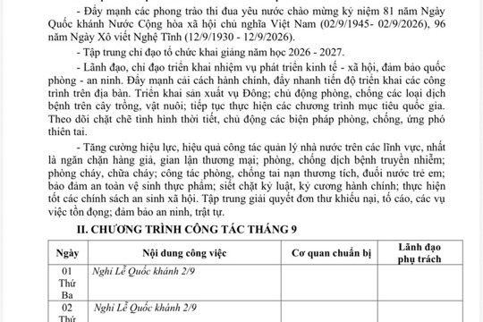 CHƯƠNG TRÌNH CÔNG TÁC THÁNG 9 NĂM 2026 