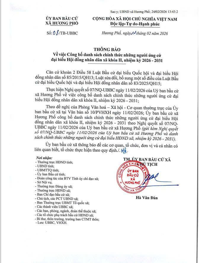 Ủy ban bầu cử xã Hương Phố thông báo danh sách chính thức những người ứng cử đại biểu Hội đồng nhân dân xã khóa II nhiệm kỳ 2026-2031. 